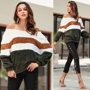 Sweaters - Off Shoulder Colorblock Plush Sweater Sweaters - Off Shoulder Colorblock Plush Sweater